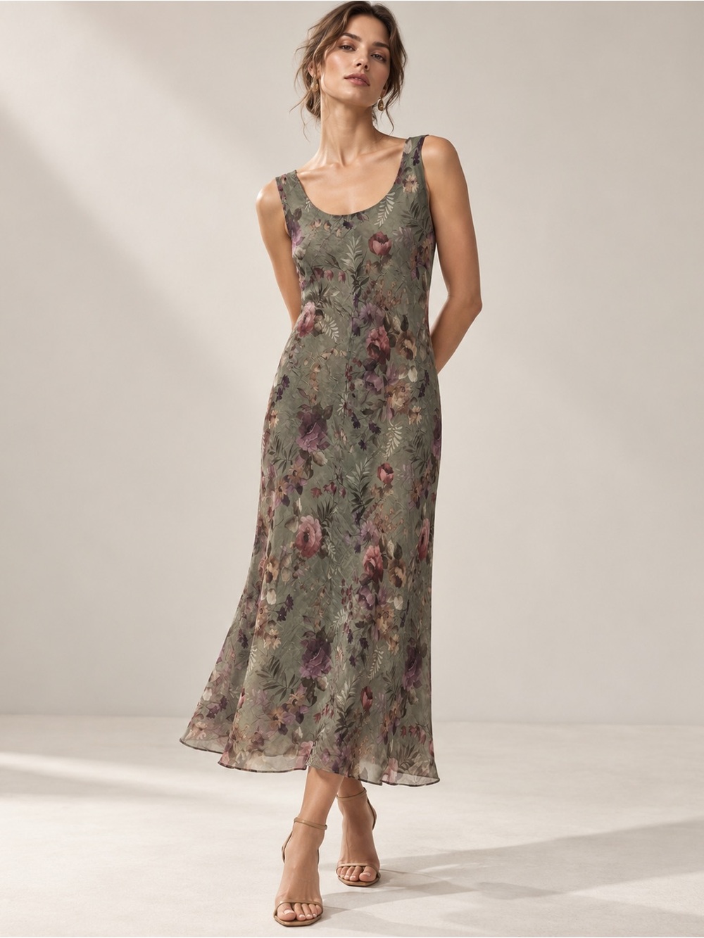 R&M Richards Floral Sleeveless Maxi Slip Dress Sage Mauve Romantic